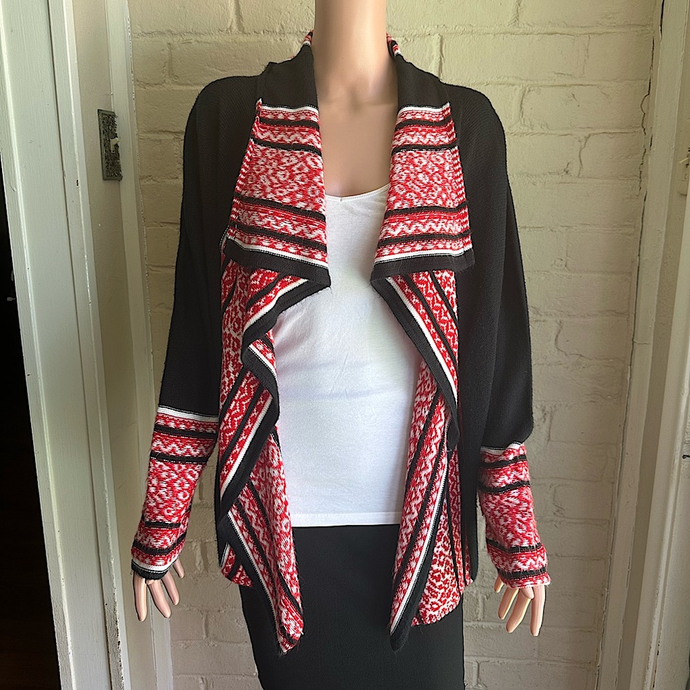 Ruby Road size small black red and white comfy winter boho print cardigan